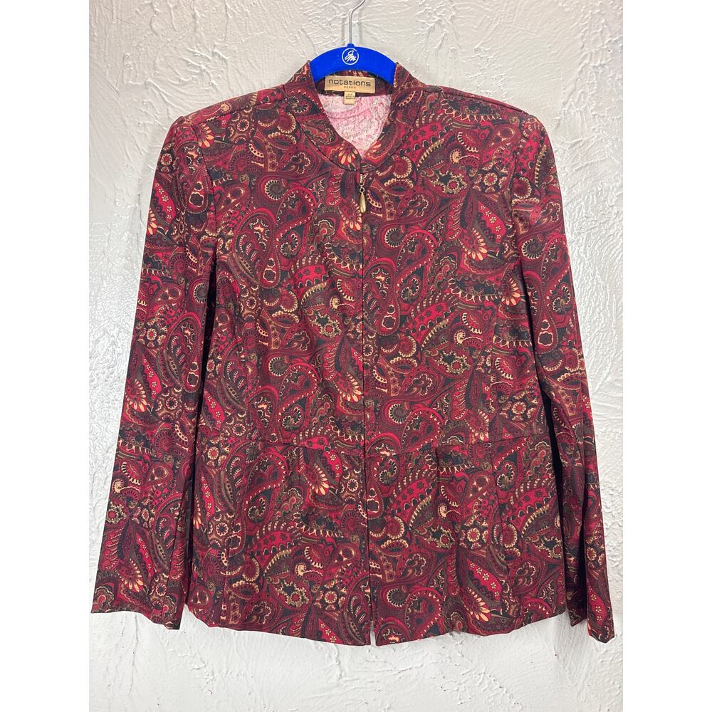 Notations Womens Black/Red Paisley Jacket 3/4 Sleeves Zip‎ Front Petite Size PS